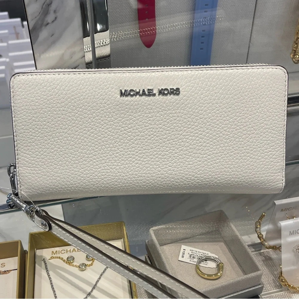 MICHAEL KORS Lg Pebbled Leather Continental Wallet Wristlet Phone Holder  Optic
